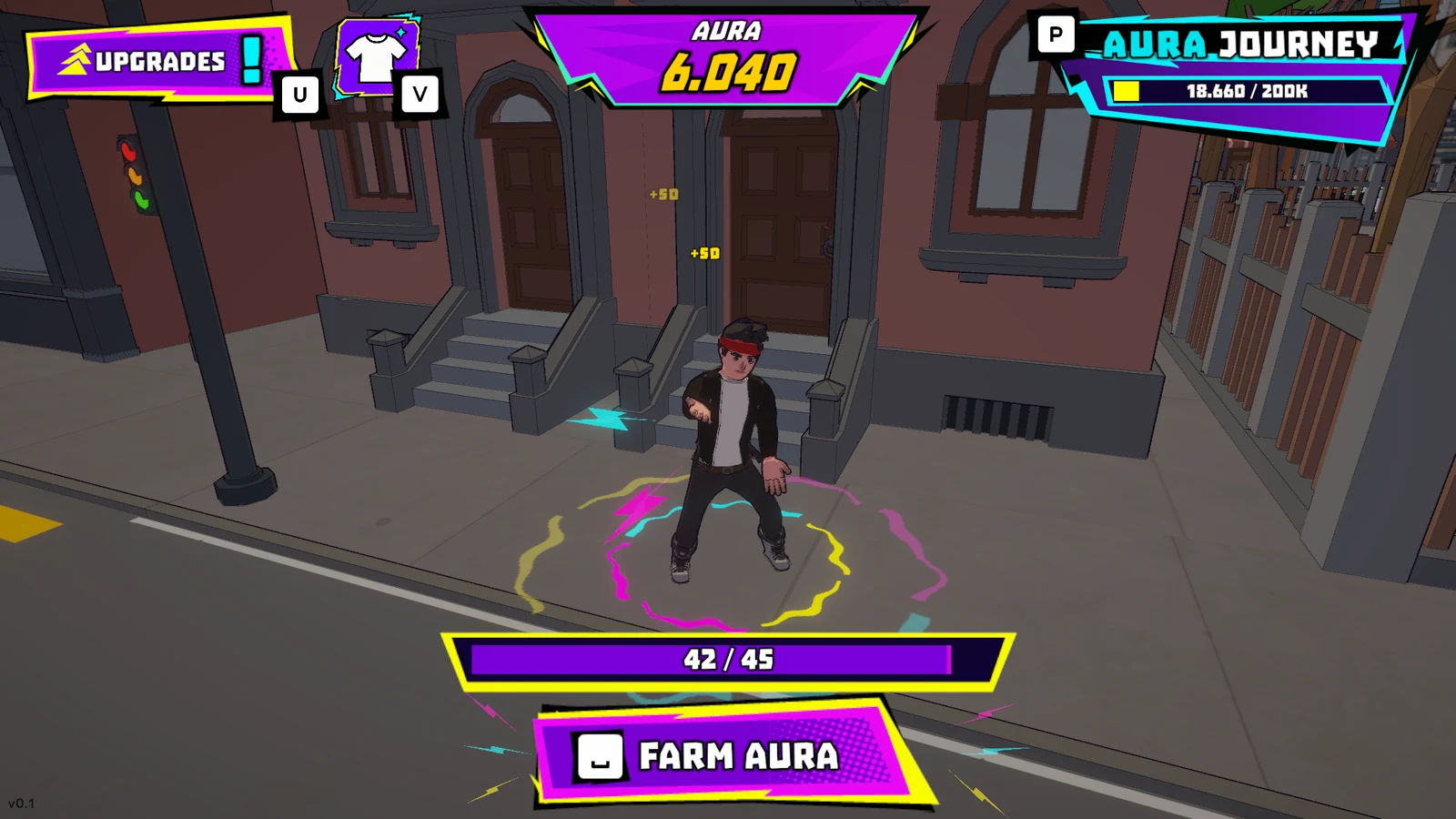 A character surrounded by colorful Aura effects on a street.