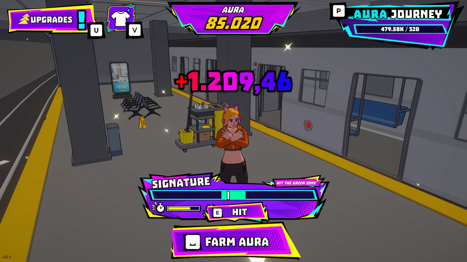 A performance minigame with a timing bar in a subway station.
