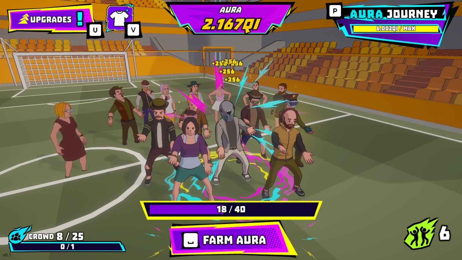 A character and crowd with Aura effects on an indoor sports court.