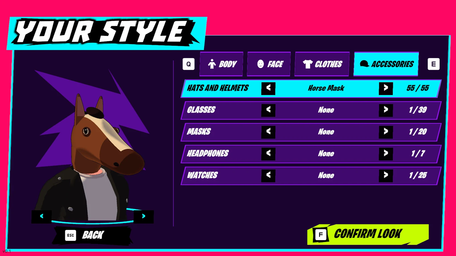 The customization menu with a horse mask selected.