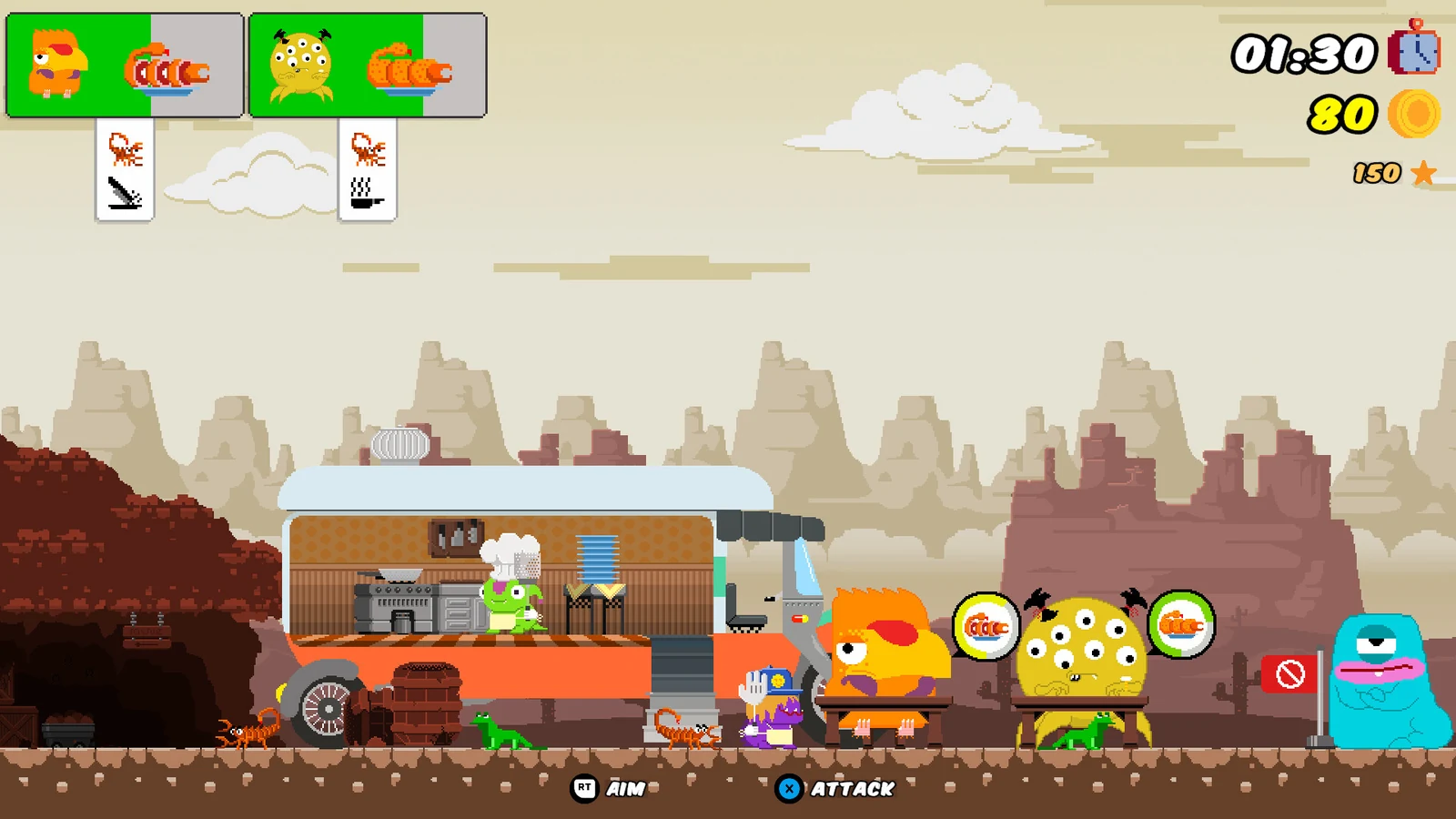 A desert food truck with chefs, creatures and customer orders.