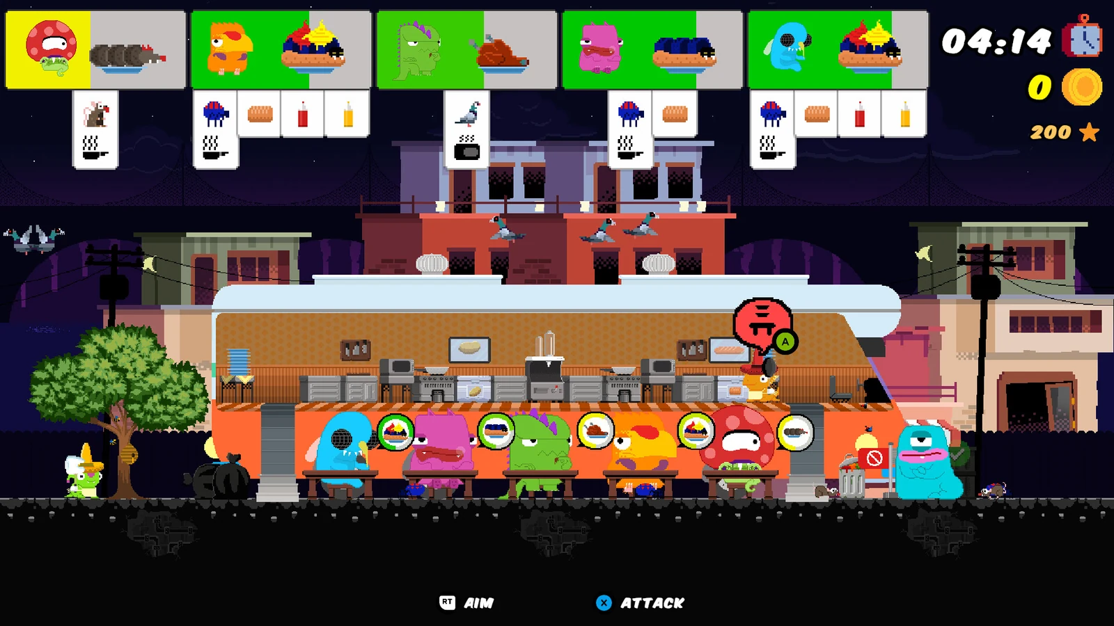 A food truck at night with several monsters waiting for their orders.